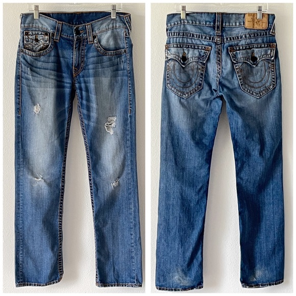 True Religion Big T Straight Flap Red Orange Stitch Distressed Denim Blue Jeans - Picture 1 of 16